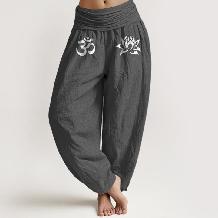 Buddha Stones Solid Color Pure Cotton Lotus Om Symbol Pattern Women's Elastic Waist Harem Pants - DimGray - US22，UK/AU26，EU54 (6XL) - image 0