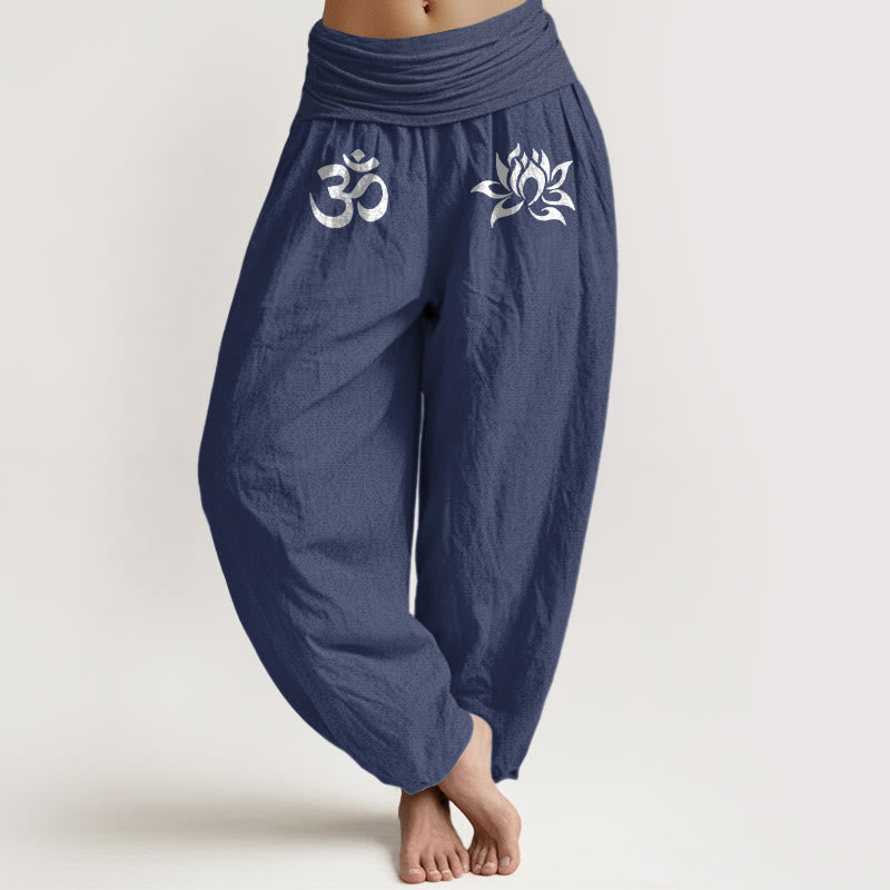 Buddha Stones Solid Color Pure Cotton Lotus Om Symbol Pattern Women's Elastic Waist Harem Pants - DarkSlateBlue - US22，UK/AU26，EU54 (6XL) - image 8