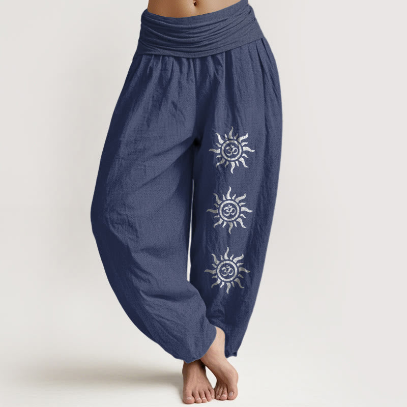 Buddha Stones Solid Color Pure Cotton Sun Om Symbol Pattern Women's Elastic Waist Harem Pants - DarkSlateBlue - US22，UK/AU26，EU54 (6XL) - image 8