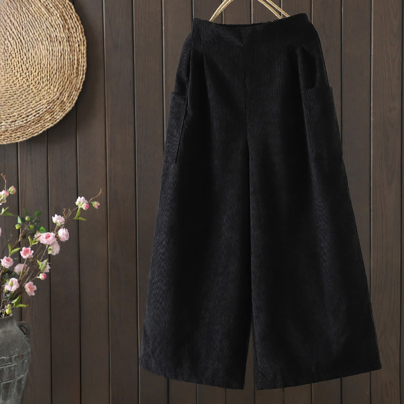 Buddha Stones Fleece-Lined High Waist Women's Wide Leg Corduroy Cotton Pants With Pockets - Black - US8-10，UK/AU12-14，EU40-42 (2XL) - image 10