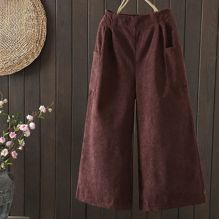 Buddha Stones Fleece-Lined High Waist Women's Wide Leg Corduroy Cotton Pants With Pockets - DarkRed - US8-10，UK/AU12-14，EU40-42 (2XL) - image 0