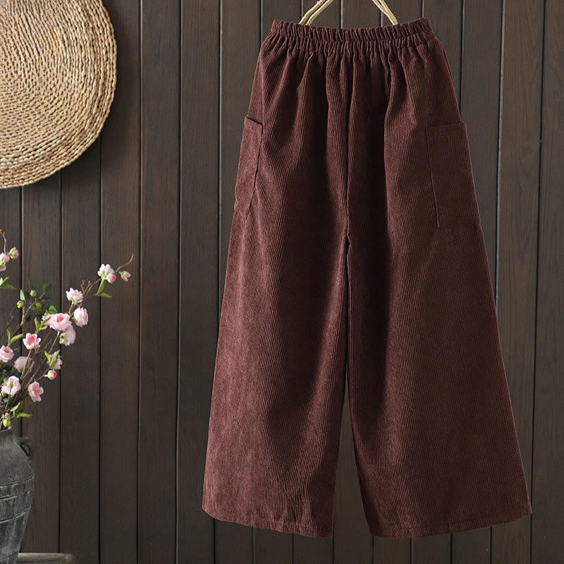 Buddha Stones Fleece-Lined High Waist Women's Wide Leg Corduroy Cotton Pants With Pockets - image 1