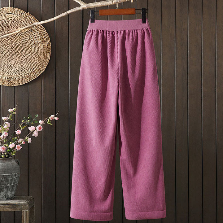 Buddha Stones Winter Women's Wide Leg Corduroy Cotton Thermal Fleece-Lined Pants With Pockets - image 1