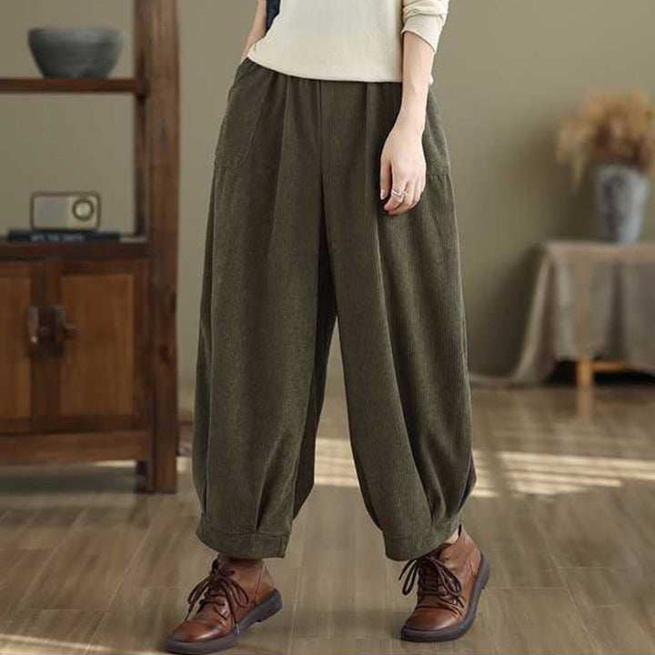 Buddha Stones Winter Solid Color Ankle-Length Simple Design Women's Corduroy Harem Pants With Pockets - image 4