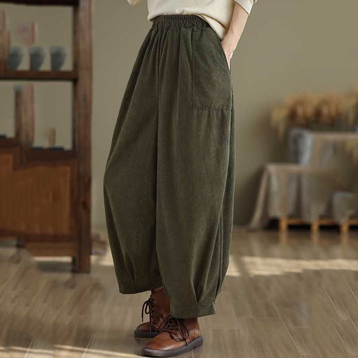 Buddha Stones Winter Solid Color Ankle-Length Simple Design Women's Corduroy Harem Pants With Pockets - image 2
