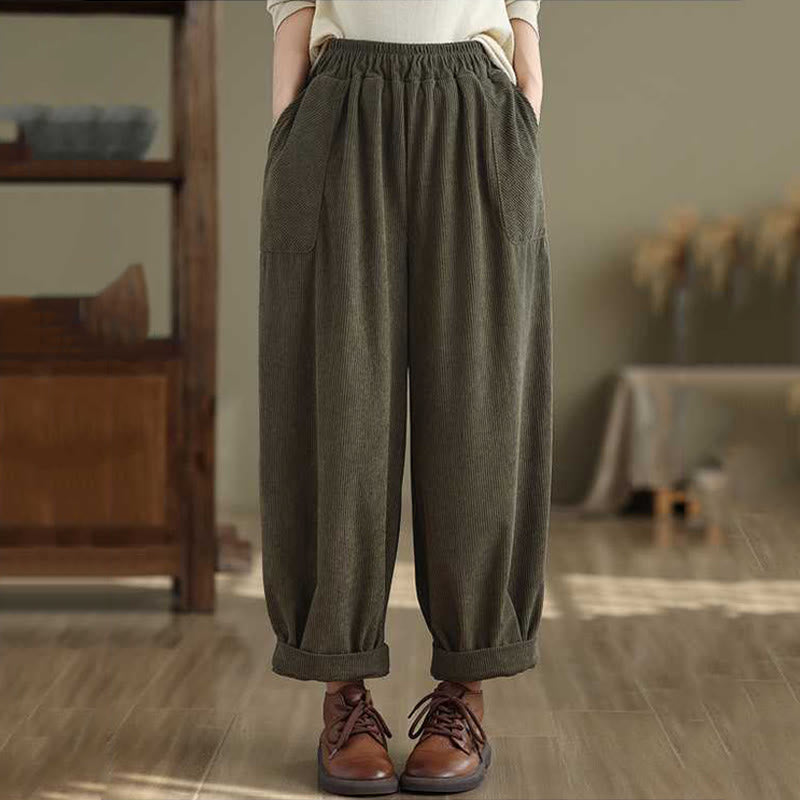 Buddha Stones Winter Solid Color Ankle-Length Simple Design Women's Corduroy Harem Pants With Pockets - image 3