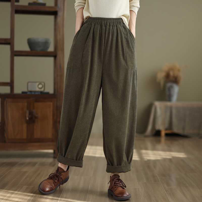 Buddha Stones Winter Solid Color Ankle-Length Simple Design Women's Corduroy Harem Pants With Pockets - OliveDrab - US8-10，UK/AU12-14，EU40-42 (2XL) - image 0
