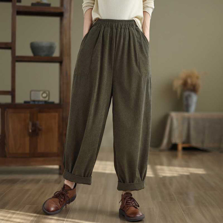 Buddha Stones Winter Solid Color Ankle-Length Simple Design Women's Corduroy Harem Pants With Pockets - OliveDrab - US8-10，UK/AU12-14，EU40-42 (2XL) - image 0