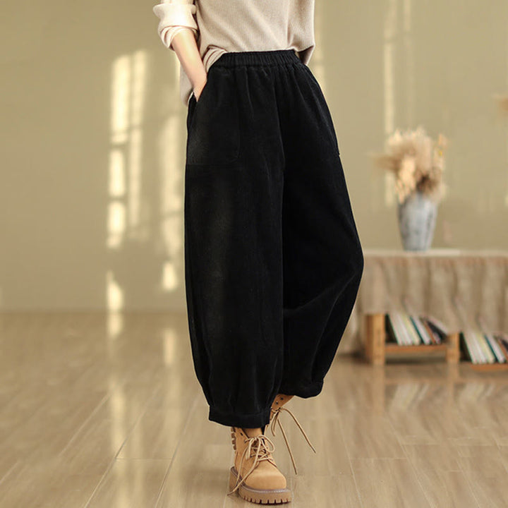 Buddha Stones Plain Elastic Waistband Design Women's Corduroy Harem Pants With Pockets - image 10
