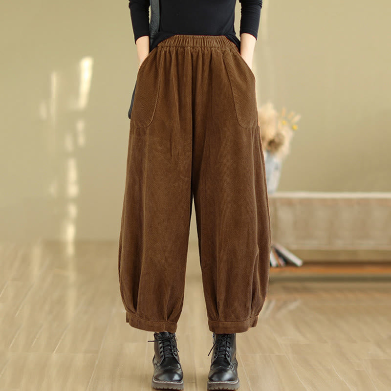 Buddha Stones Plain Elastic Waistband Design Women's Corduroy Harem Pants With Pockets - image 1