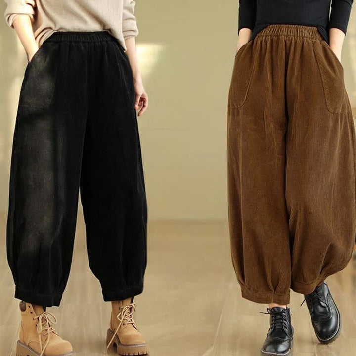Buddha Stones Plain Elastic Waistband Design Women's Corduroy Harem Pants With Pockets - image 22