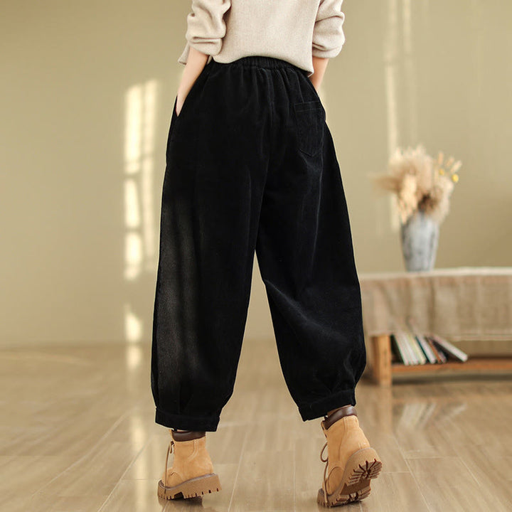Buddha Stones Plain Elastic Waistband Design Women's Corduroy Harem Pants With Pockets - image 11