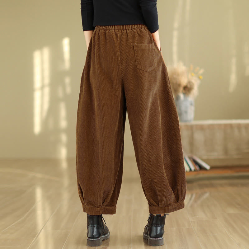 Buddha Stones Plain Elastic Waistband Design Women's Corduroy Harem Pants With Pockets - image 4