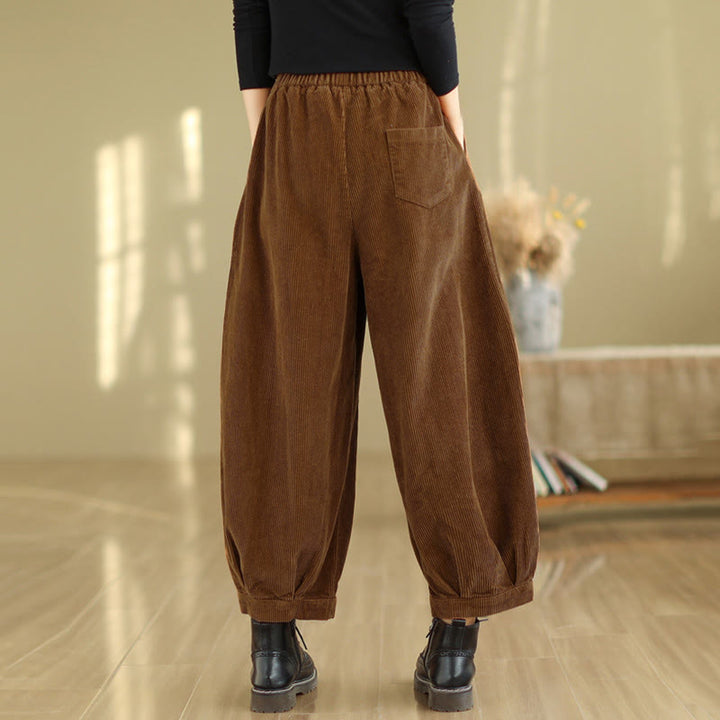 Buddha Stones Plain Elastic Waistband Design Women's Corduroy Harem Pants With Pockets - image 4