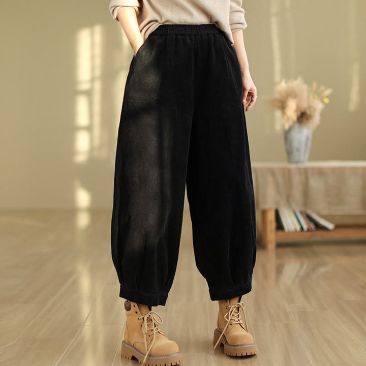 Buddha Stones Plain Elastic Waistband Design Women's Corduroy Harem Pants With Pockets - image 8