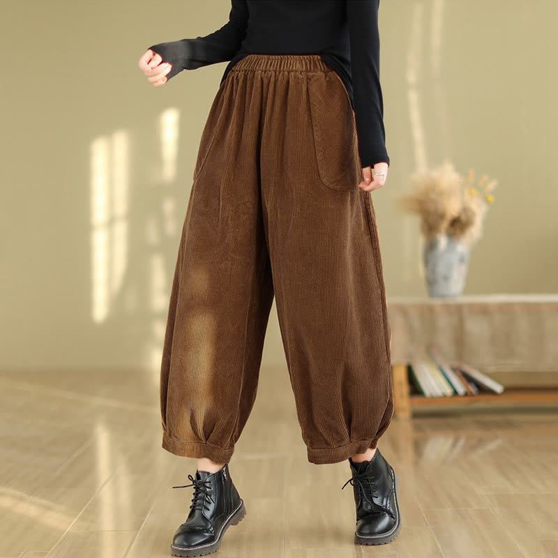 Buddha Stones Plain Elastic Waistband Design Women's Corduroy Harem Pants With Pockets - image 2