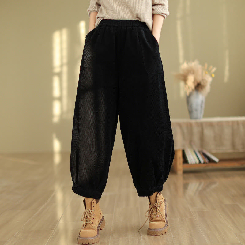 Buddha Stones Plain Elastic Waistband Design Women's Corduroy Harem Pants With Pockets - Black - US8-10，UK/AU12-14，EU40-42 (2XL) - image 6
