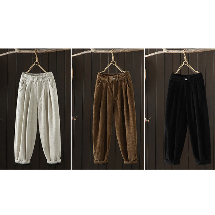 Buddha Stones Women's Winter Plain Corduroy Cotton High Waist Fleece-Lined Harem Pants With Pockets - image 24