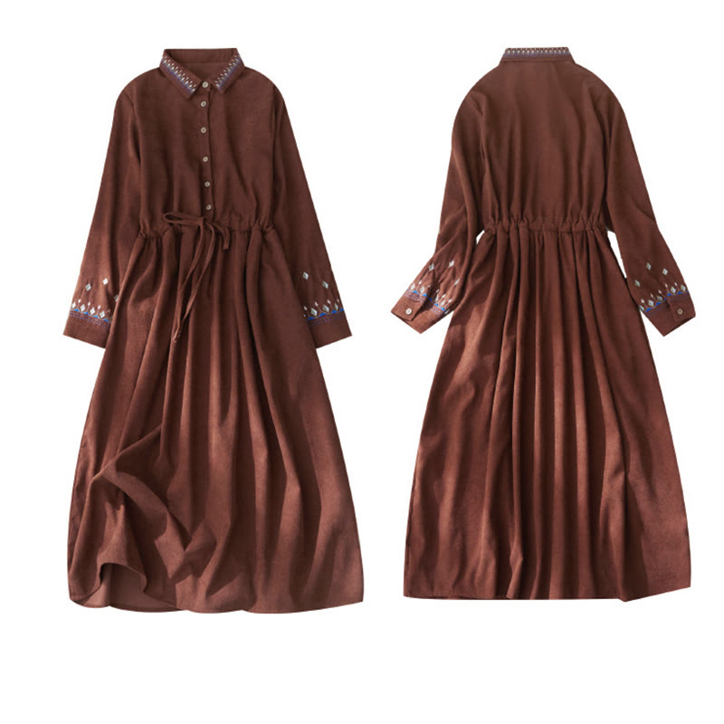 Buddha Stones Embroiderd Floral Pattern Lace -up Design Long Sleeve Midi Dress With Pockets - image 9