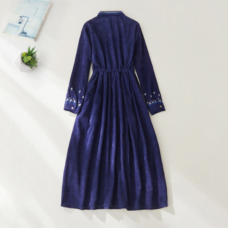 Buddha Stones Embroidered Floral Pattern Lace-up Design Long Sleeve Midi Dress With Pockets - image 11