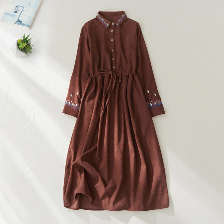 Buddha Stones Embroiderd Floral Pattern Lace -up Design Long Sleeve Midi Dress With Pockets - Sienna - US8-10，UK/AU12-14，EU40-42 (2XL) - image 0
