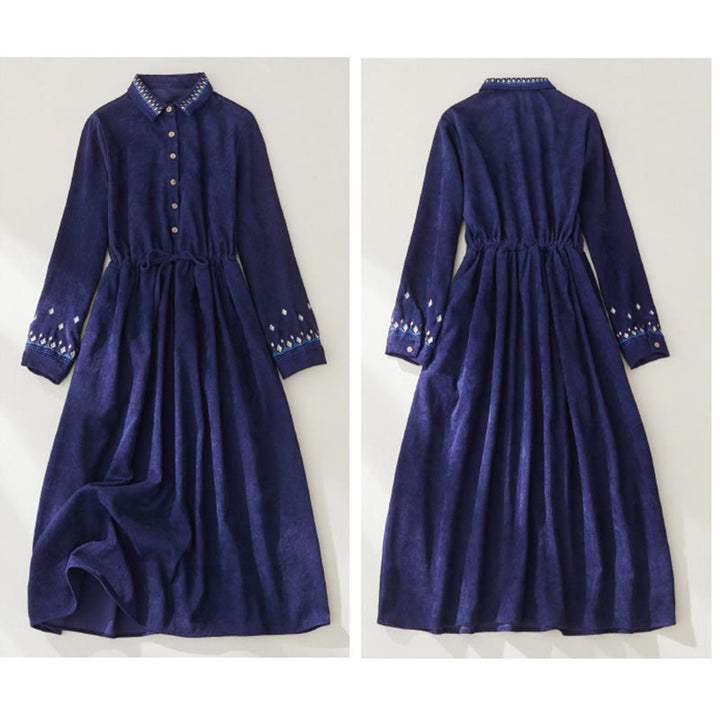 Buddha Stones Embroiderd Floral Pattern Lace -up Design Long Sleeve Midi Dress With Pockets - image 13