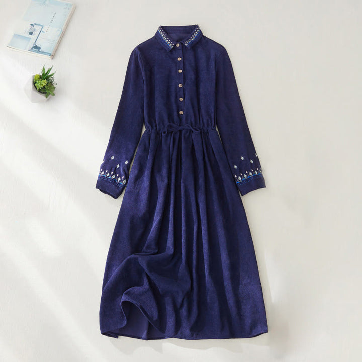 Buddha Stones Embroiderd Floral Pattern Lace-up Design Long Sleeve Midi Dress With Pockets - DarkBlue - US8-10，UK/AU12-14，EU40-42 (2XL) - image 10