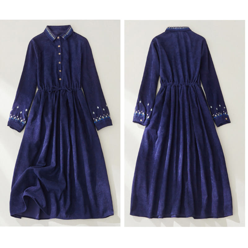 Buddha Stones Embroidered Floral Pattern Lace-up Design Long Sleeve Midi Dress With Pockets - image 13