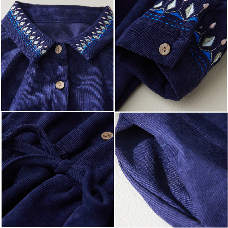 Buddha Stones Embroiderd Floral Pattern Lace -up Design Long Sleeve Midi Dress With Pockets - image 12