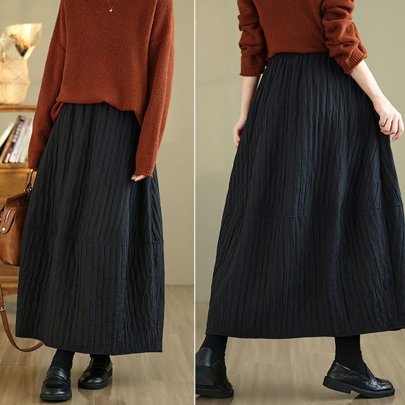 Buddha Stones Plain Pleats Design Elastic Waist Women's Thermal Skirt With Pockets - image 8