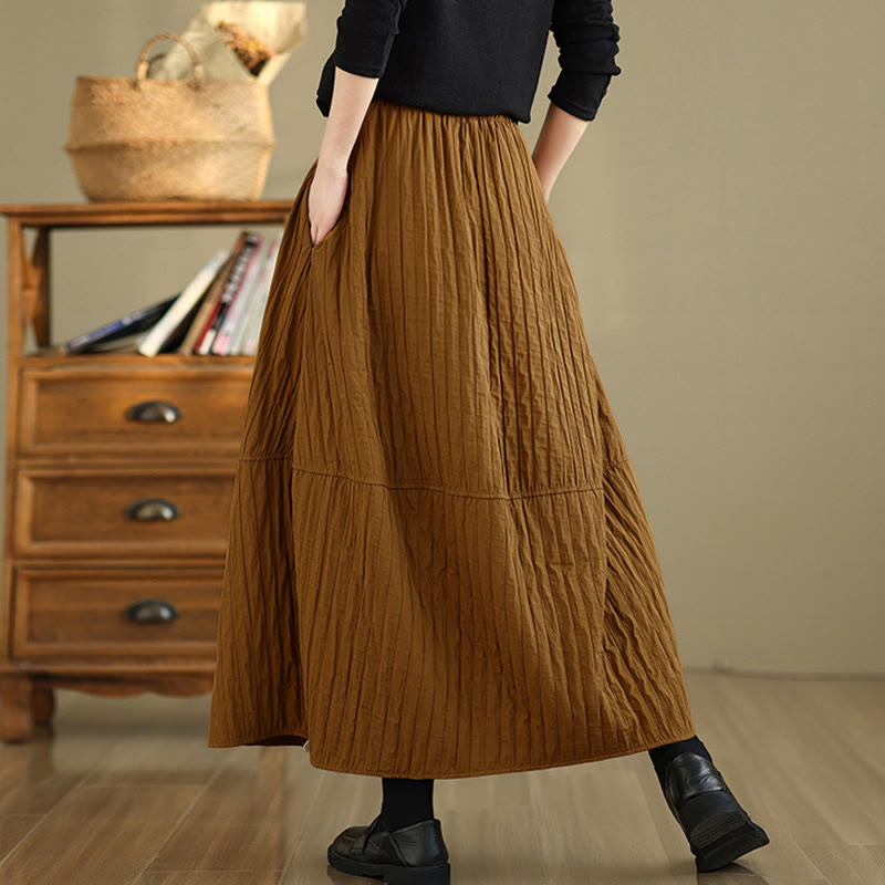 Buddha Stones Plain Pleats Design Elastic Waist Women's Thermal Skirt With Pockets - image 2