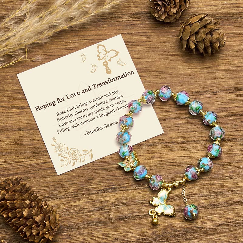 Buddha Stones "Hoping for Love and Transformation" Butterfly Bracelet Includes Gift Message Card - Blue Liuli(Wrist Circumference: 18cm) - Standard Gift Box - image 0
