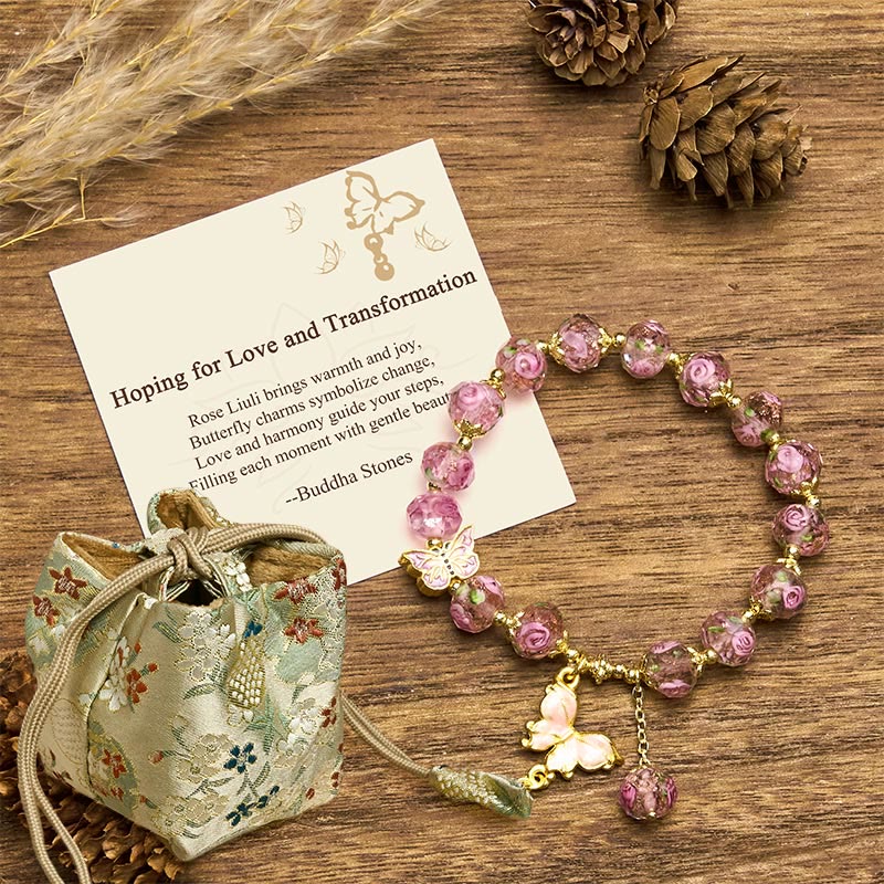 Buddha Stones "Hoping for Love and Transformation" Butterfly Bracelet Includes Gift Message Card - Pink Liuli(Wrist Circumference: 18cm) - Deluxe Gift Bag (+$9.59) - image 14