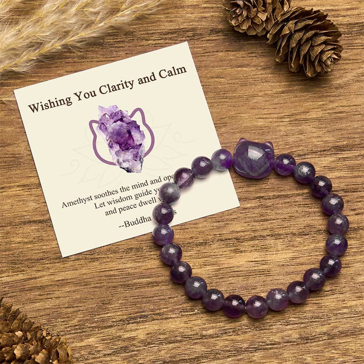 Buddha Stones "Wishing You Clarity and Calm" Cute Cat Amethyst Bracelet Includes Gift Message Card - Amethyst(Wrist Circumference 15-20cm) - Standard Gift Box - image 0