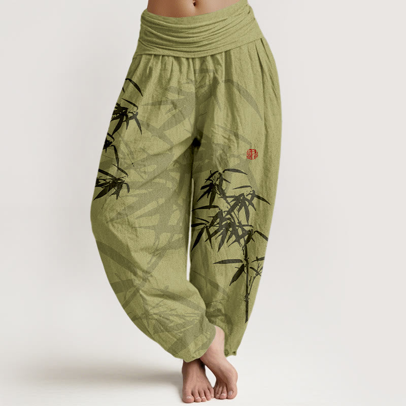 Buddha Stones Print Pure Cotton Bamboo Leaves Pattern Women's Elastic Waist Harem Pants - YellowGreen - US16，UK/AU20，EU48 (3XL) - image 0