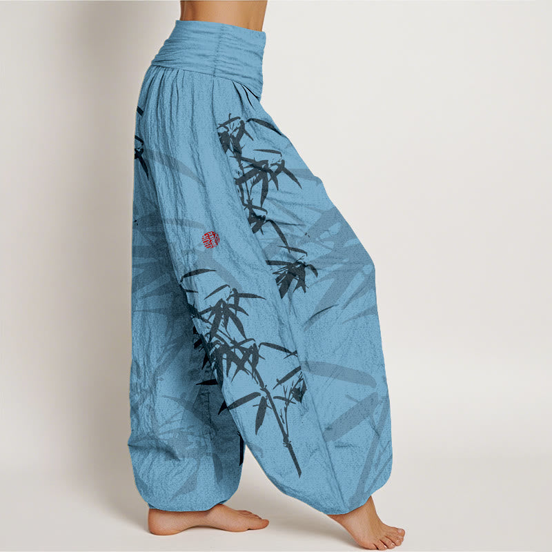 Buddha Stones Print Pure Cotton Bamboo Leaves Pattern Women's Elastic Waist Harem Pants - image 6