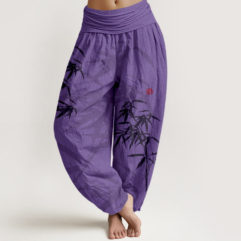 Buddha Stones Print Pure Cotton Bamboo Leaves Pattern Women's Elastic Waist Harem Pants - DarkOrchid - US16，UK/AU20，EU48 (3XL) - image 8
