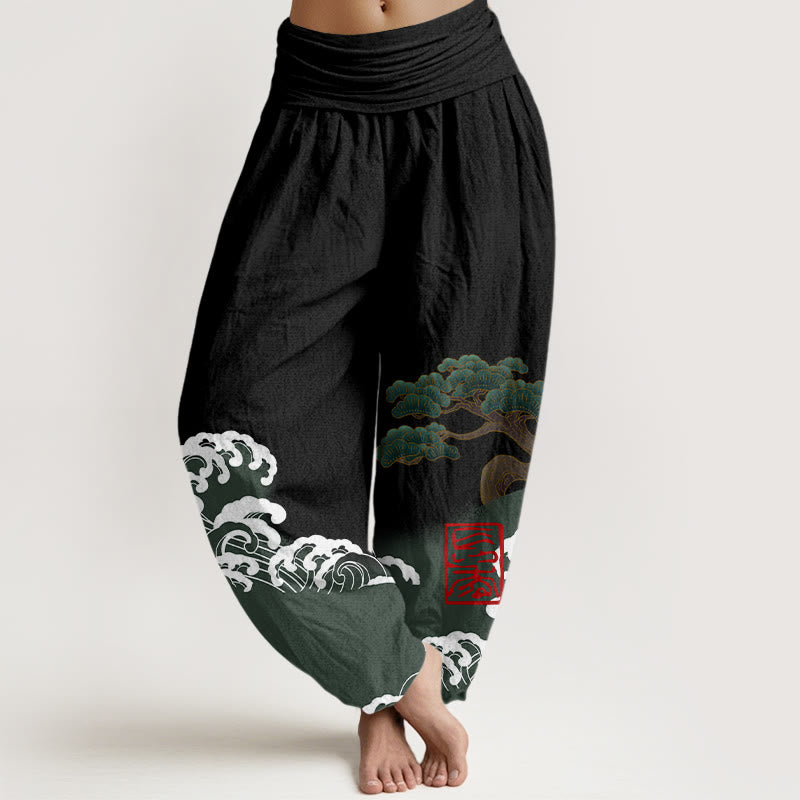 Buddha Stones Print Pure Cotton Pine Tree Rolling Waves Pattern Women's Elastic Waist Harem Pants - Black - US16，UK/AU20，EU48 (3XL) - image 0