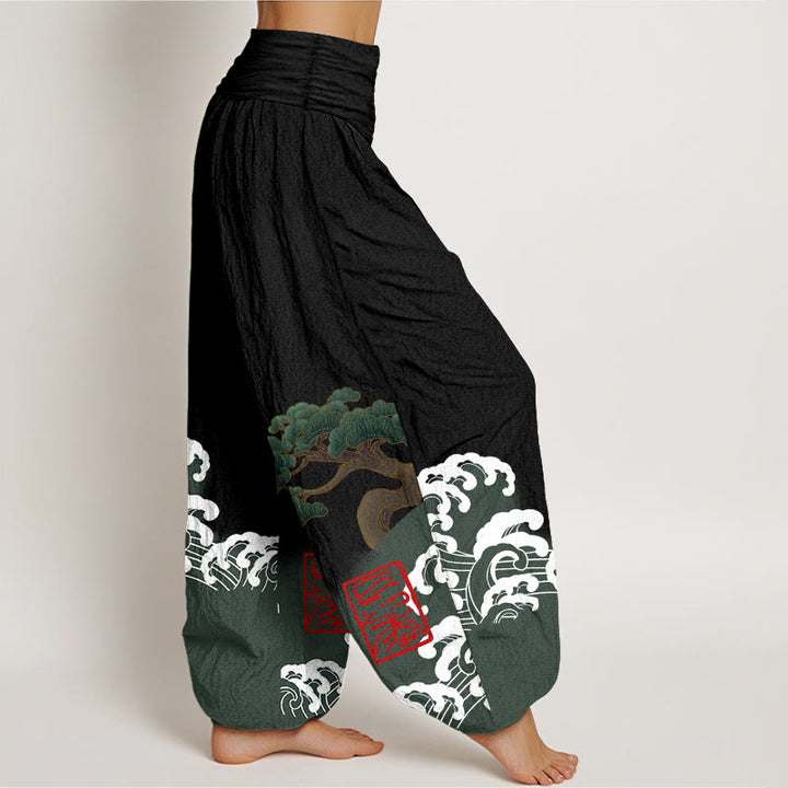 Buddha Stones Print Pure Cotton Pine Tree Rolling Waves Pattern Women's Elastic Waist Harem Pants - image 1