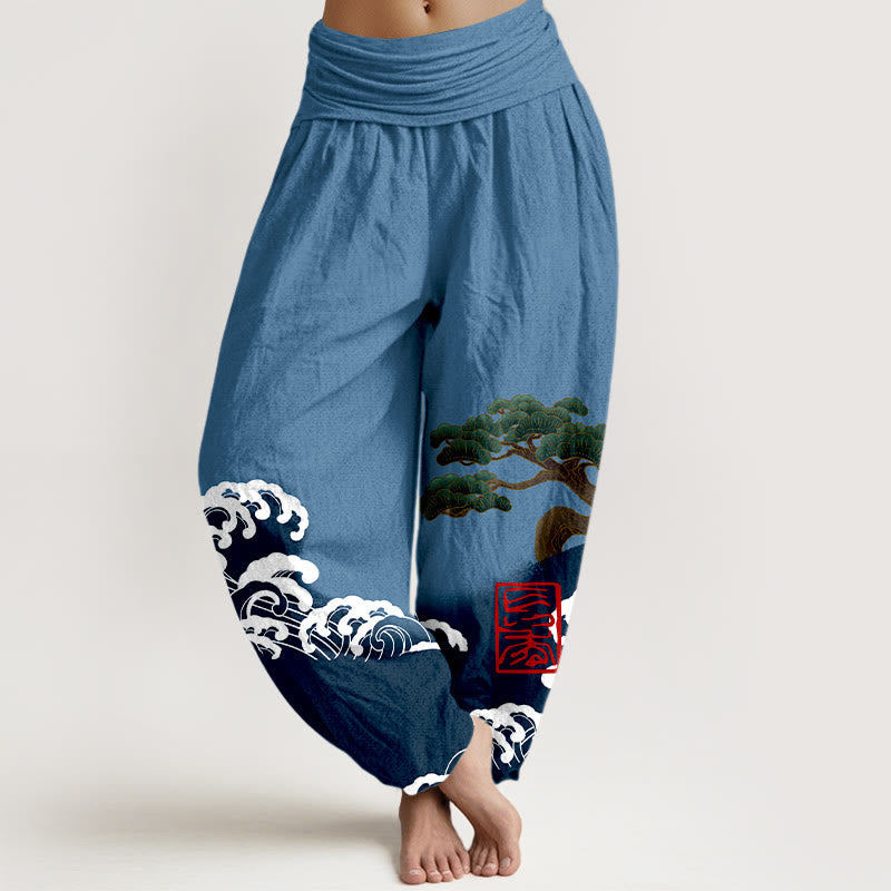 Buddha Stones Print Pure Cotton Pine Tree Rolling Waves Pattern Women's Elastic Waist Harem Pants - SteelBlue - US16，UK/AU20，EU48 (3XL) - image 5