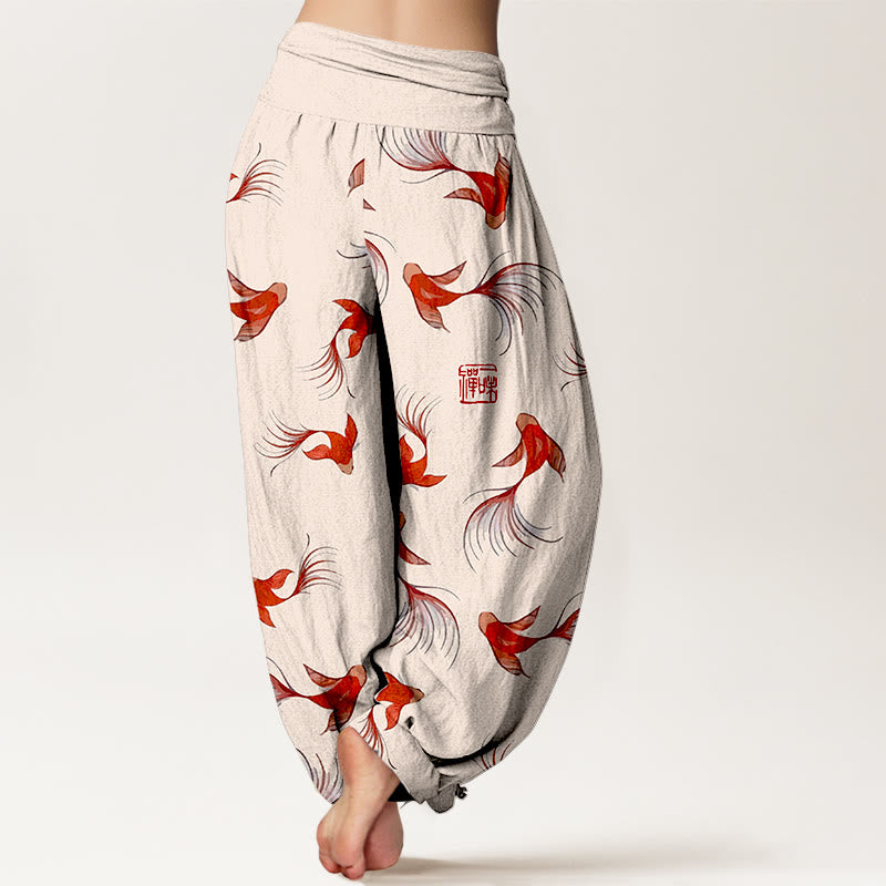 Buddha Stones Print Pure Cotton Koi Fish Pattern Women's Elastic Waist Harem Pants - image 2
