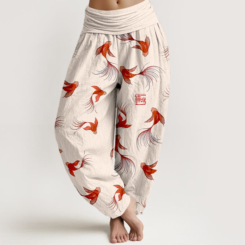 Buddha Stones Print Pure Cotton Koi Fish Pattern Women's Elastic Waist Harem Pants - PapayaWhip - US16，UK/AU20，EU48 (3XL) - image 0