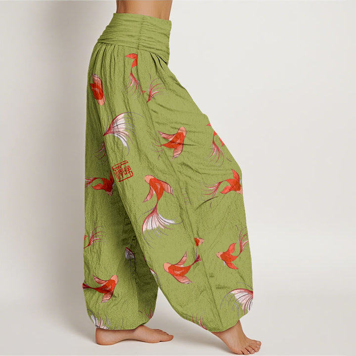 Buddha Stones Print Pure Cotton Koi Fish Pattern Women's Elastic Waist Harem Pants - image 6