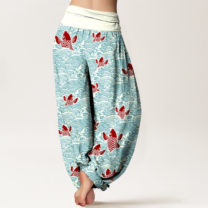 Buddha Stones Print Koi Fishes Waves Pattern Women's Elastic Waist Harem Pure Cotton Pants - image 2