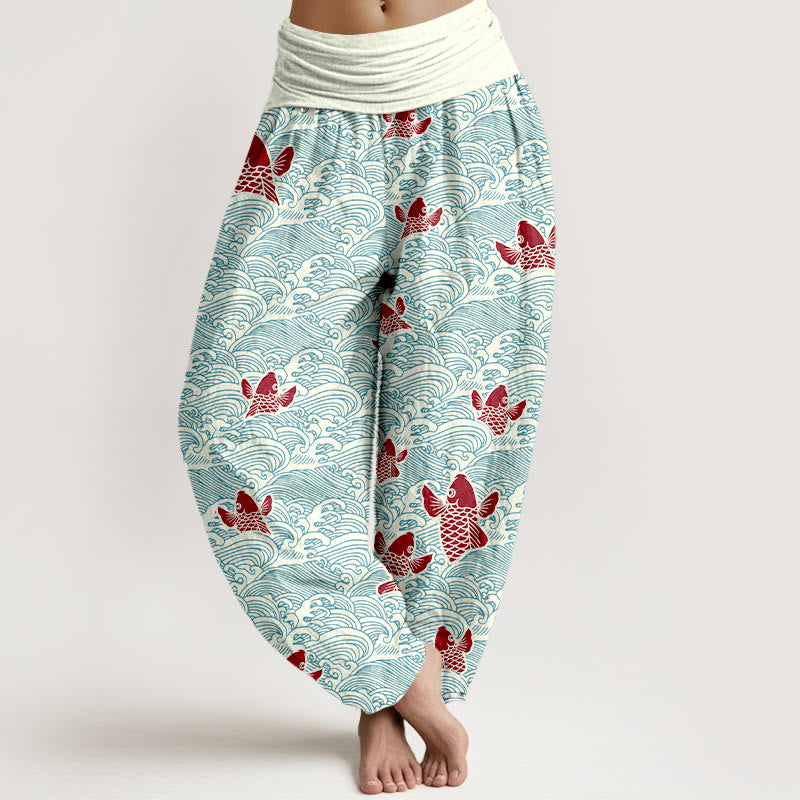 Buddha Stones Print Koi Fishes Waves Pattern Women's Elastic Waist Harem Pure Cotton Pants - LightCyan - US16，UK/AU20，EU48 (3XL) - image 0