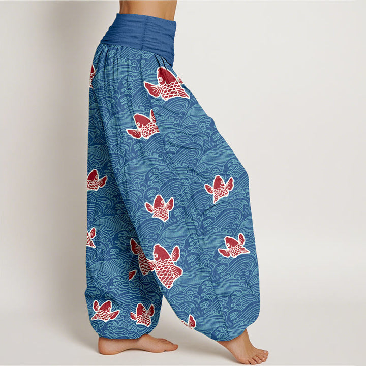Buddha Stones Print Koi Fishes Waves Pattern Women's Elastic Waist Harem Pure Cotton Pants - image 6