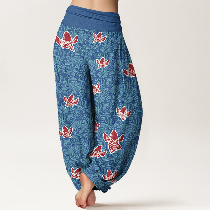 Buddha Stones Print Koi Fishes Waves Pattern Women's Elastic Waist Harem Pure Cotton Pants - image 7