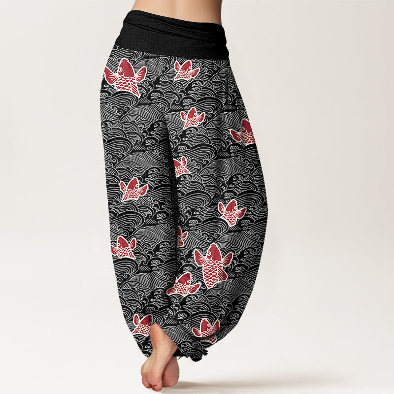 Buddha Stones Print Koi Fishes Waves Pattern Women's Elastic Waist Harem Pure Cotton Pants - image 10