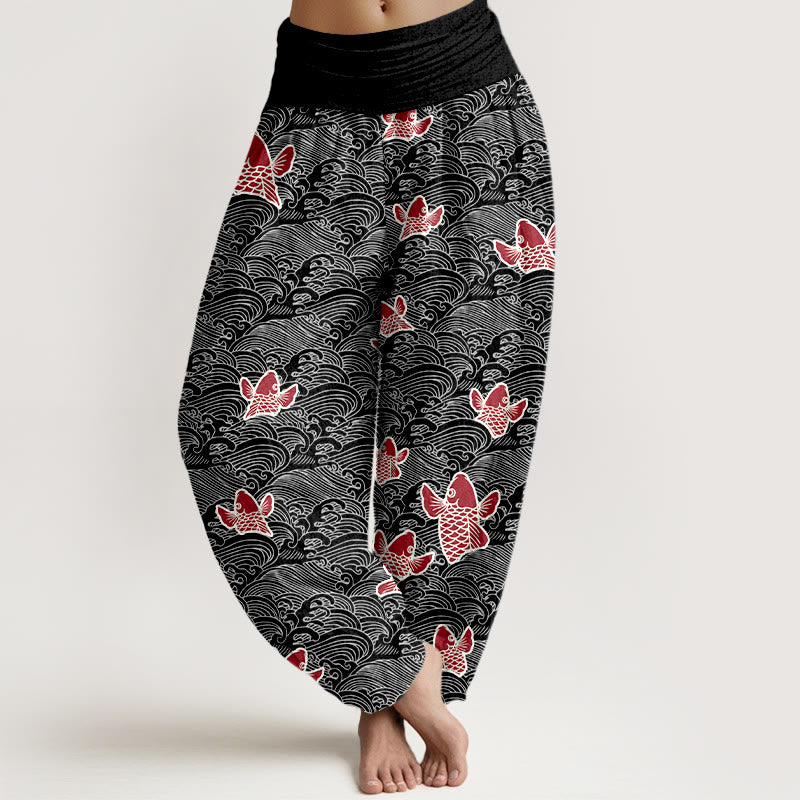 Buddha Stones Print Koi Fishes Waves Pattern Women's Elastic Waist Harem Pure Cotton Pants - Black - US16，UK/AU20，EU48 (3XL) - image 8