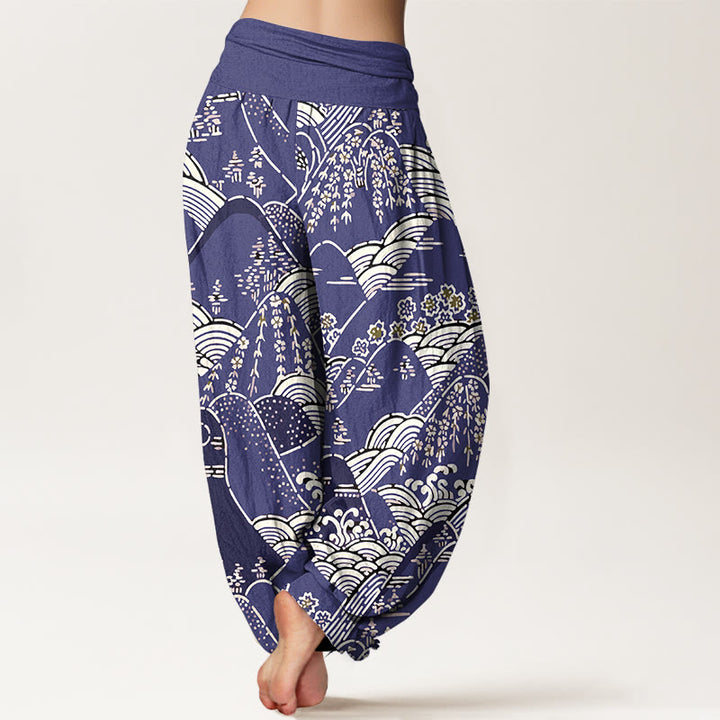 Buddha Stones Printed Mountains Waves Floral Pattern Women's Elastic Waist Harem Pure Cotton Pants - image 7